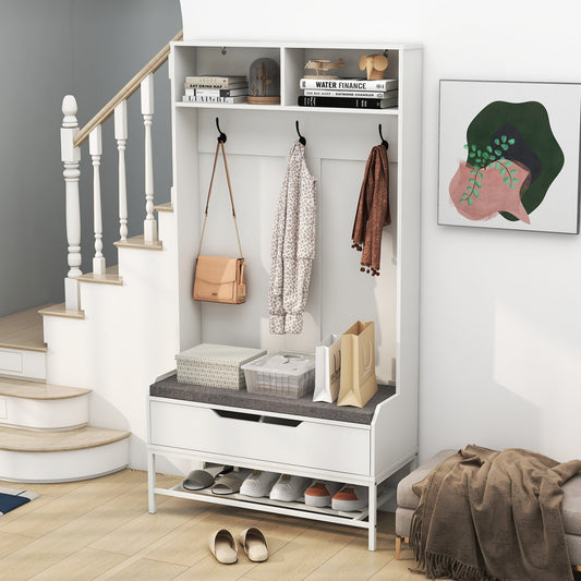 4-in-1 Entryway Hall Tree with Padded Seat Coat Rack and Shoe Storage - White