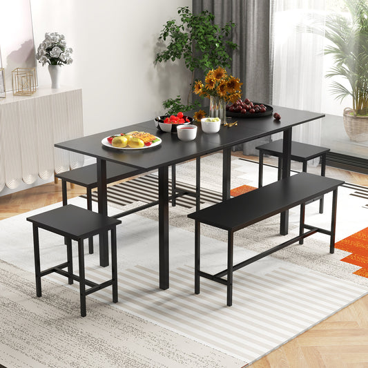 Expandable 5 Piece Dining Set with Benches and Stools for Kitchen and Dining Room - Black