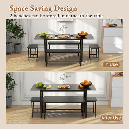 Expandable 5 Piece Dining Set with Benches and Stools for Kitchen and Dining Room - Black
