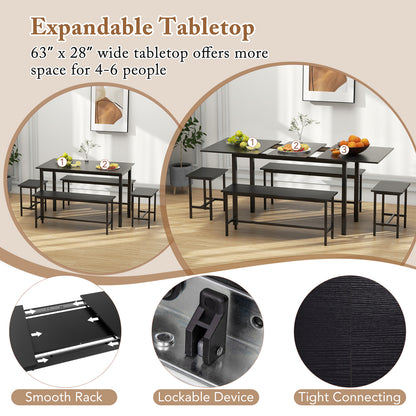 Expandable 5 Piece Dining Set with Benches and Stools for Kitchen and Dining Room - Black