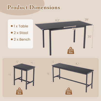 Expandable 5 Piece Dining Set with Benches and Stools for Kitchen and Dining Room - Black