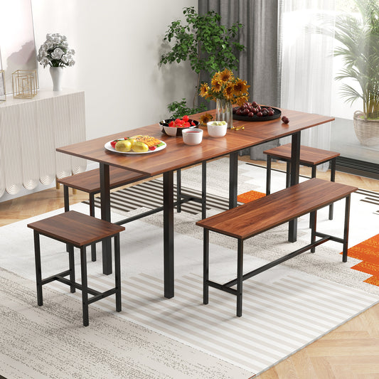 Expandable 5 Piece Dining Set with Benches and Stools for Kitchen and Dining Room - Walnut