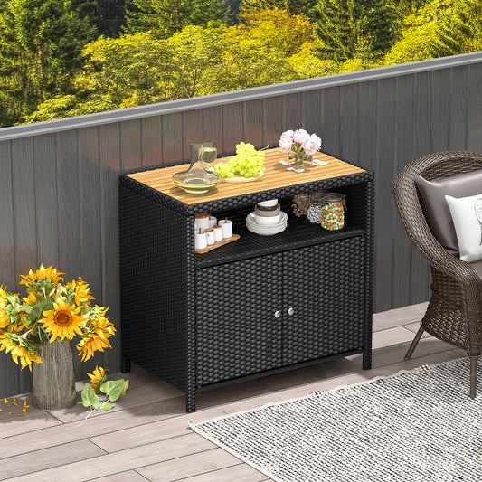 Outdoor Rattan Storage Cabinet with Acacia Wood Top for Patio Deck and Poolside - Black