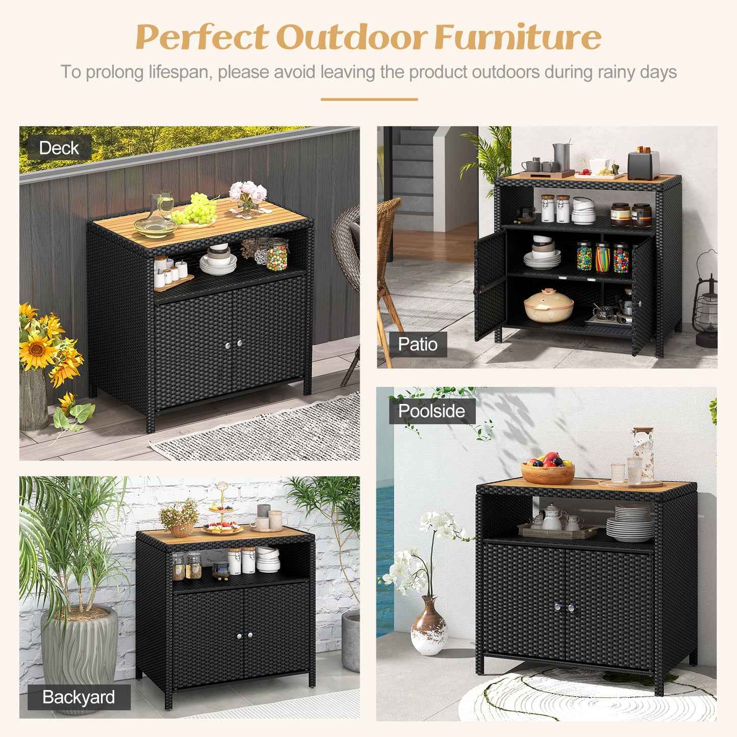 Outdoor Rattan Storage Cabinet with Acacia Wood Top for Patio Deck and Poolside - Black