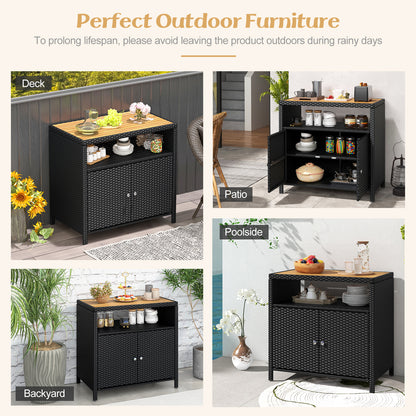 Outdoor Rattan Storage Cabinet with Acacia Wood Top for Patio Deck and Poolside - Black