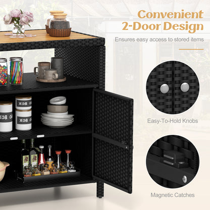 Outdoor Rattan Storage Cabinet with Acacia Wood Top for Patio Deck and Poolside - Black