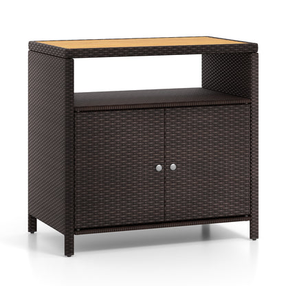 Outdoor Rattan Storage Cabinet with Acacia Wood Top for Patio Deck and Poolside - Brown