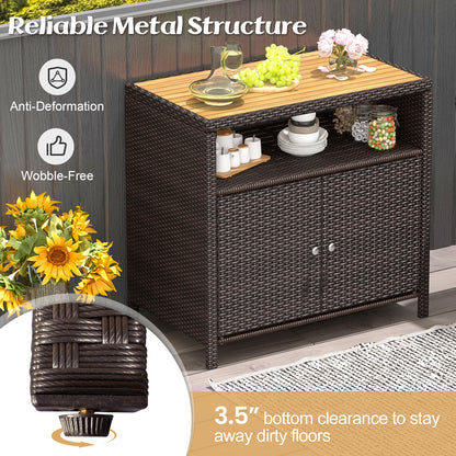 Outdoor Rattan Storage Cabinet with Acacia Wood Top for Patio Deck and Poolside - Brown
