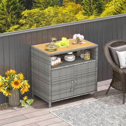 Outdoor Rattan Storage Cabinet with Acacia Wood Top for Patio Deck and Poolside - Grey