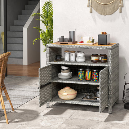 Outdoor Rattan Storage Cabinet with Acacia Wood Top for Patio Deck and Poolside - Grey