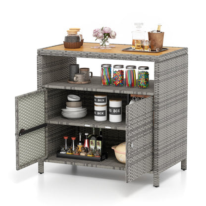 Outdoor Rattan Storage Cabinet with Acacia Wood Top for Patio Deck and Poolside - Grey