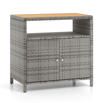 Outdoor Rattan Storage Cabinet with Acacia Wood Top for Patio Deck and Poolside - Grey