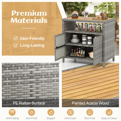 Outdoor Rattan Storage Cabinet with Acacia Wood Top for Patio Deck and Poolside - Grey