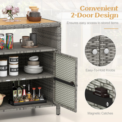 Outdoor Rattan Storage Cabinet with Acacia Wood Top for Patio Deck and Poolside - Grey