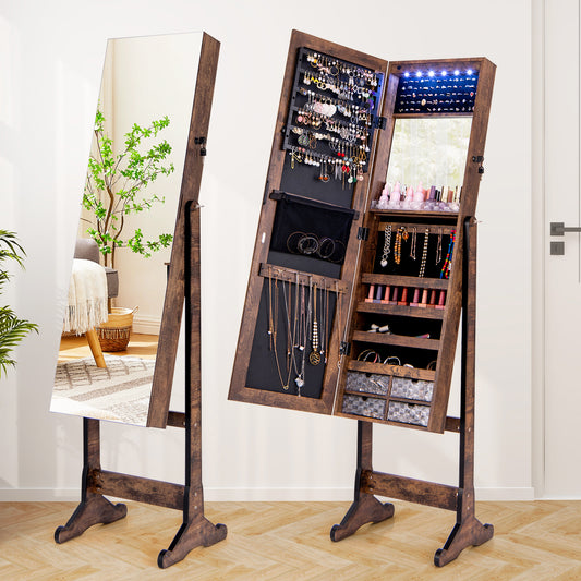 LED Lighted Full-Length Mirror Jewelry Armoire with Lockable Storage and Adjustable Angle – Rustic Brown