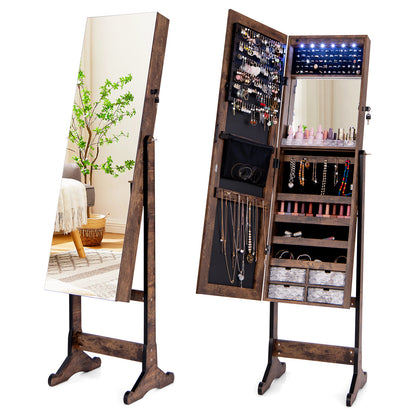 LED Lighted Full-Length Mirror Jewelry Armoire with Lockable Storage and Adjustable Angle – Rustic Brown