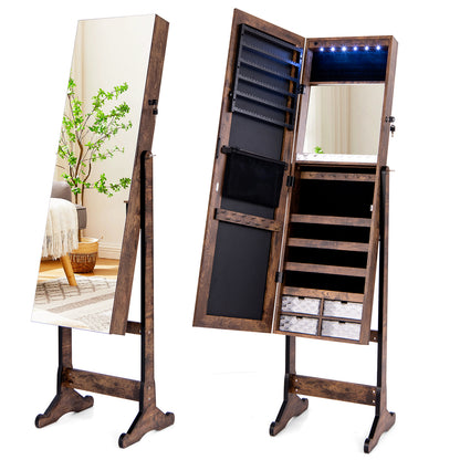 LED Lighted Full-Length Mirror Jewelry Armoire with Lockable Storage and Adjustable Angle – Rustic Brown