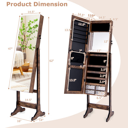 LED Lighted Full-Length Mirror Jewelry Armoire with Lockable Storage and Adjustable Angle – Rustic Brown