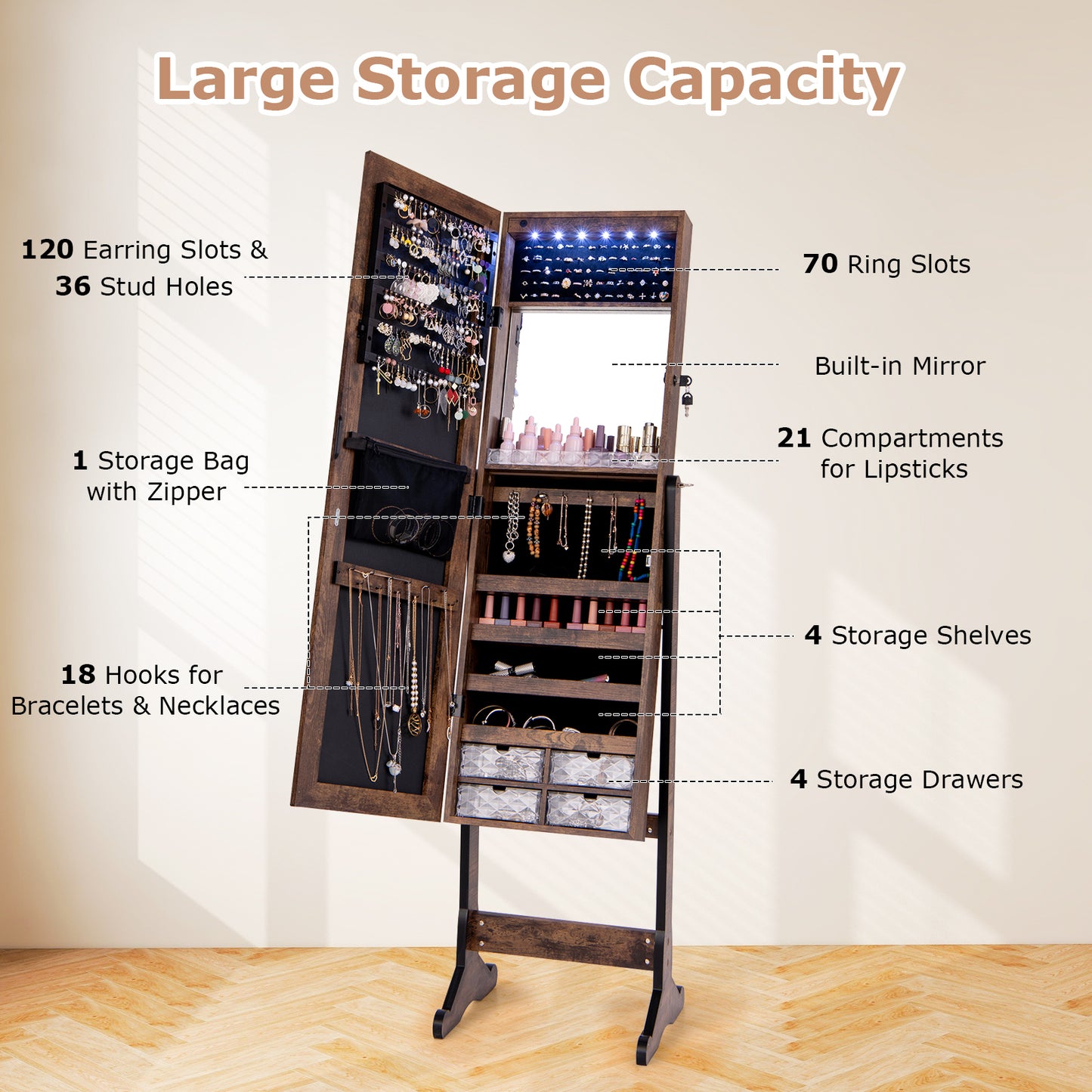 LED Lighted Full-Length Mirror Jewelry Armoire with Lockable Storage and Adjustable Angle – Rustic Brown