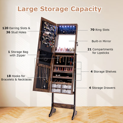 LED Lighted Full-Length Mirror Jewelry Armoire with Lockable Storage and Adjustable Angle – Rustic Brown