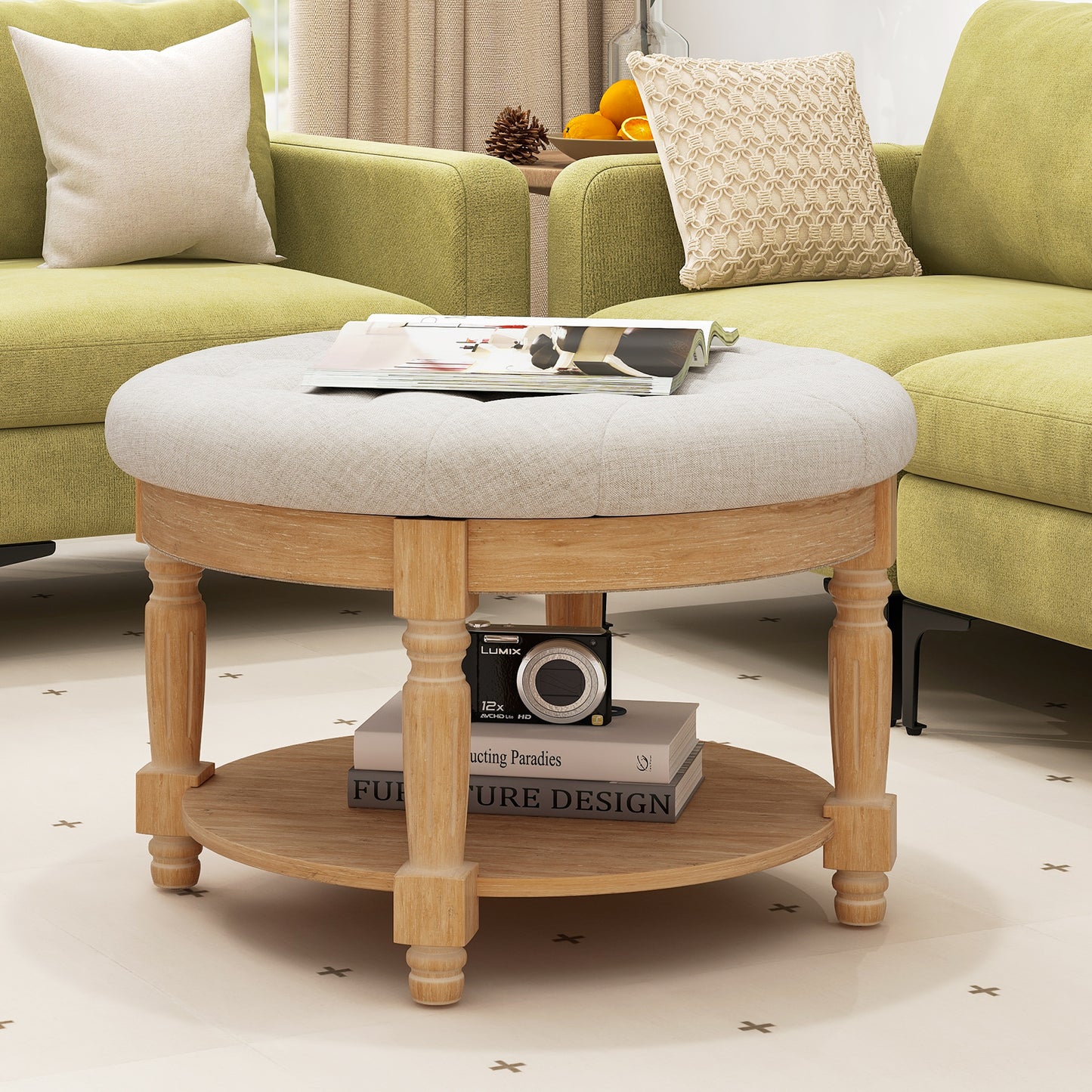 Tufted Round Ottoman Coffee Table with Flip Top and 2-Tier Storage Upholstered Footrest