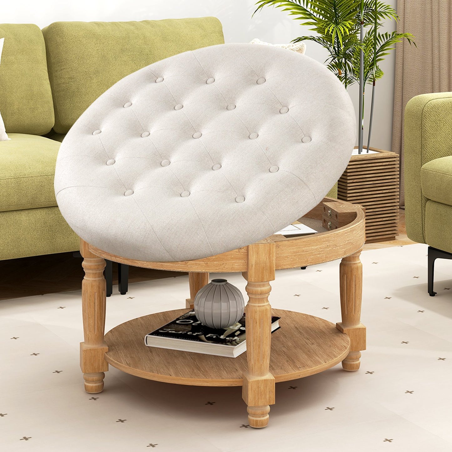 Tufted Round Ottoman Coffee Table with Flip Top and 2-Tier Storage Upholstered Footrest