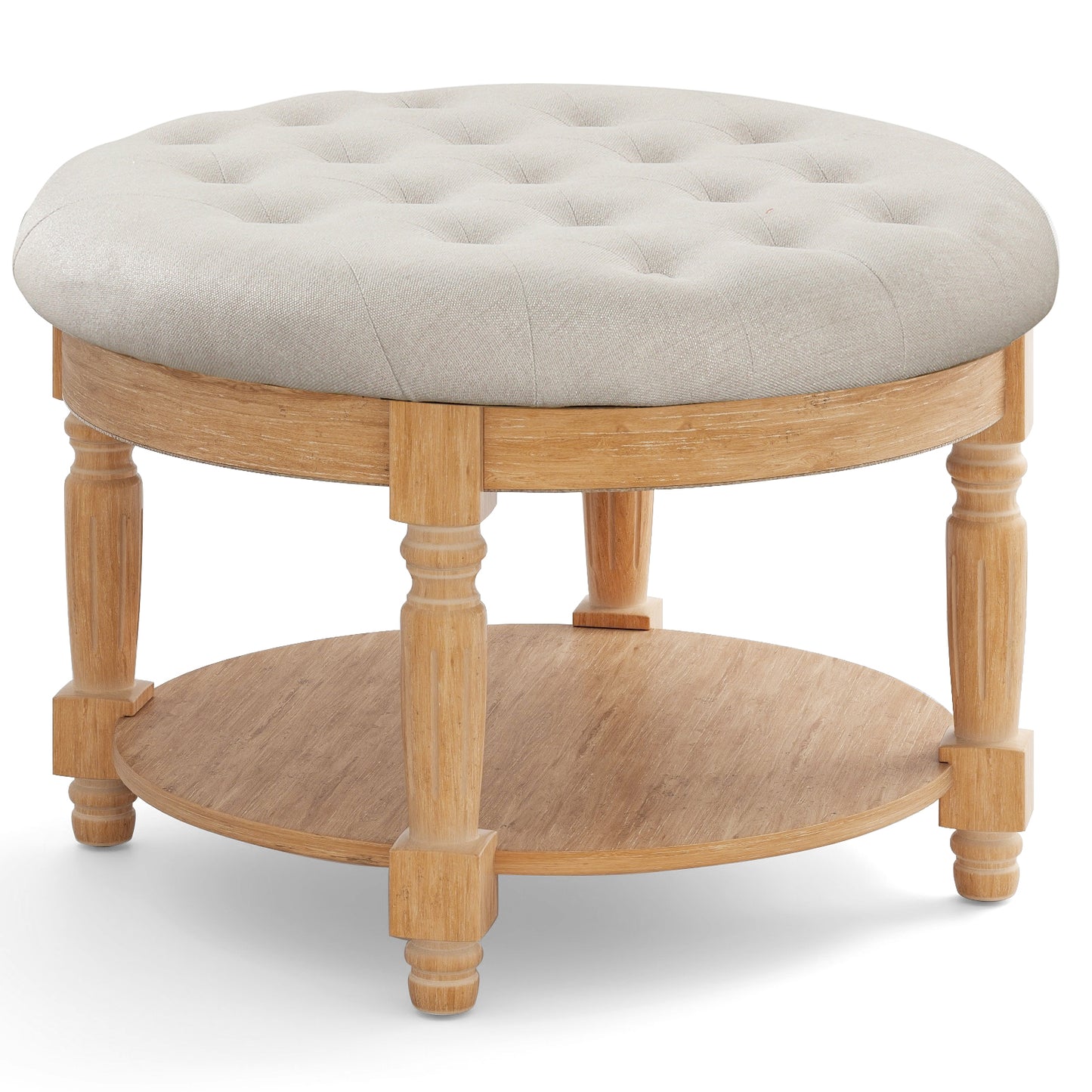 Tufted Round Ottoman Coffee Table with Flip Top and 2-Tier Storage Upholstered Footrest