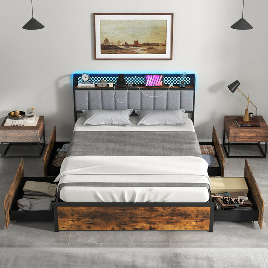LED Bed Frame with Padded Headboard, Built-in Charging Station and Underbed Storage – Queen
