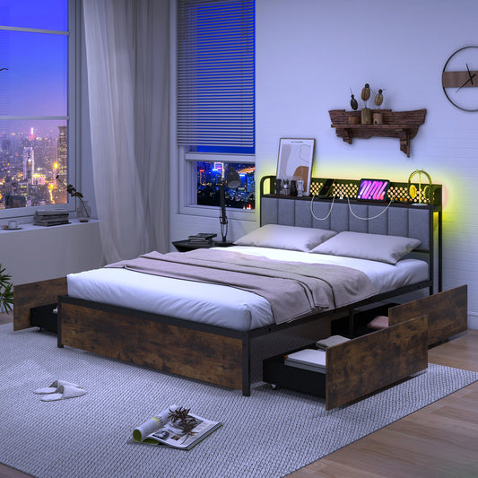 LED Bed Frame with Padded Headboard, Built-in Charging Station and Underbed Storage – Full