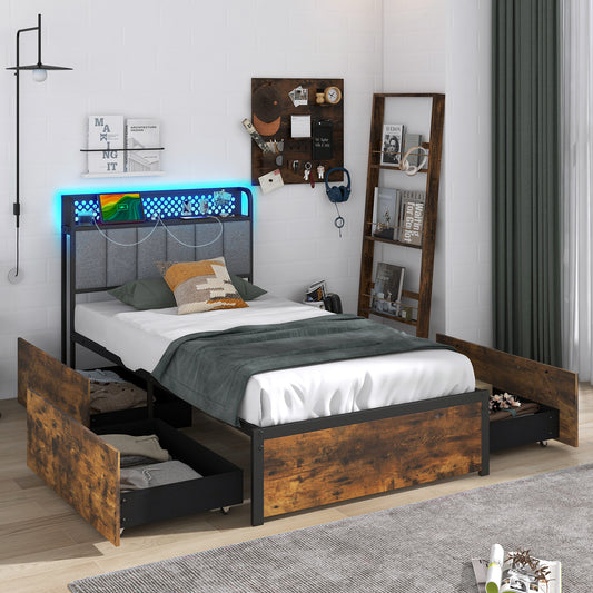 LED Bed Frame with Padded Headboard, Built-in Charging Station and Underbed Storage – Twin