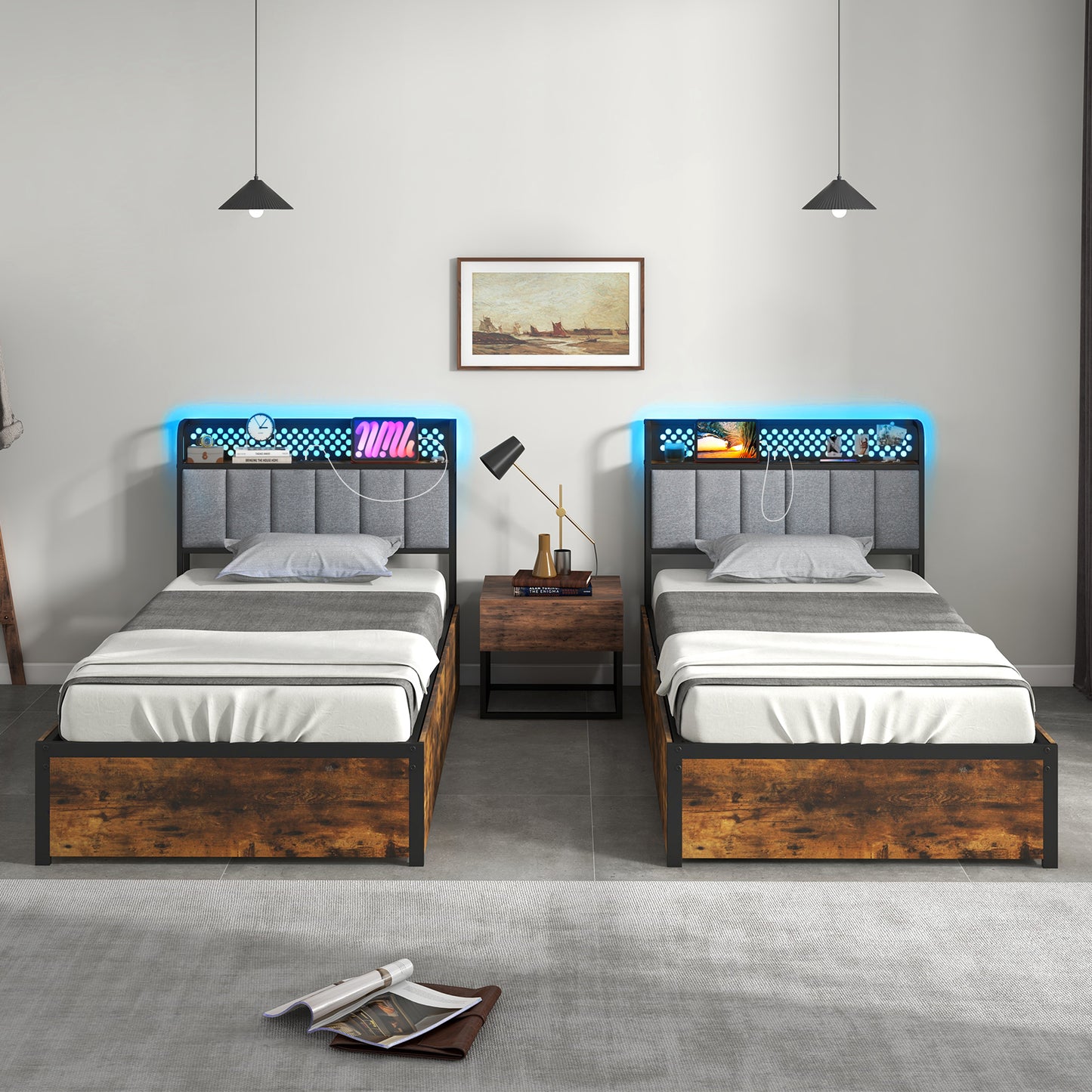 LED Bed Frame with Padded Headboard, Built-in Charging Station and Underbed Storage – Twin