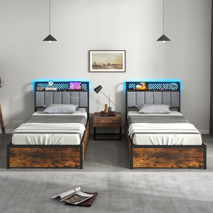 LED Bed Frame with Padded Headboard, Built-in Charging Station and Underbed Storage – Twin