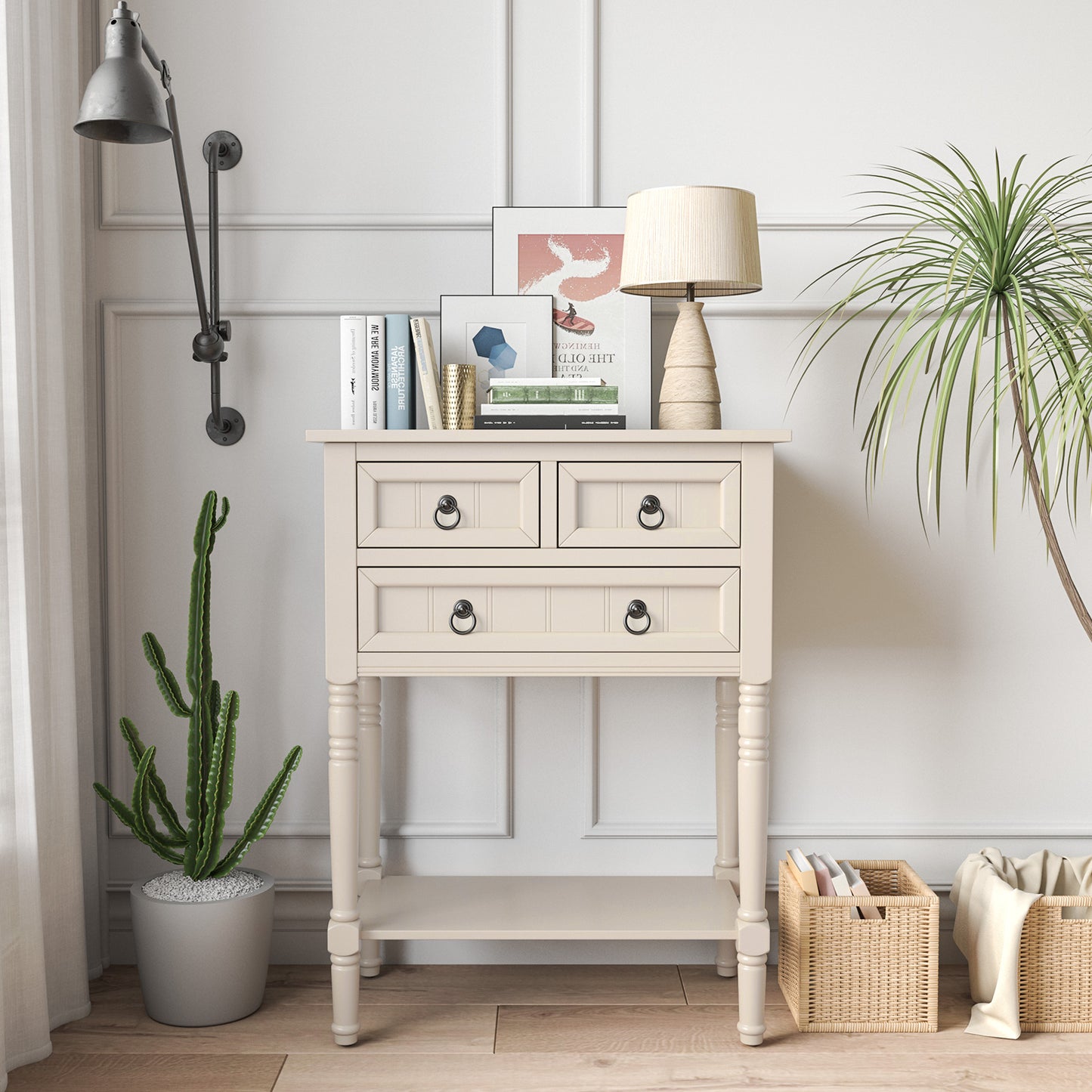 3 Drawer Narrow Console Table with Open Bottom Shelf for Compact Storage - Beige