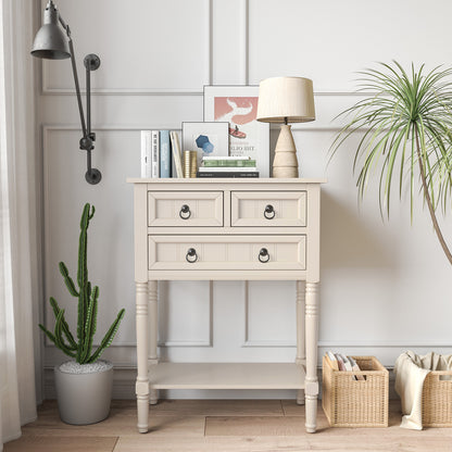 3 Drawer Narrow Console Table with Open Bottom Shelf for Compact Storage - Beige