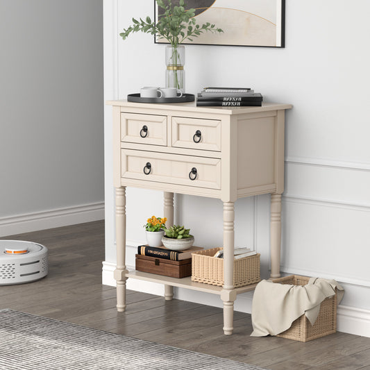3 Drawer Narrow Console Table with Open Bottom Shelf for Compact Storage - Beige