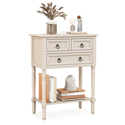 3 Drawer Narrow Console Table with Open Bottom Shelf for Compact Storage - Beige