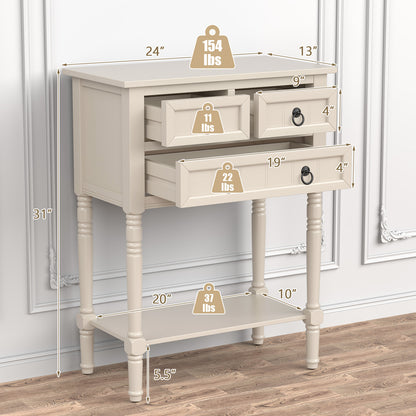 3 Drawer Narrow Console Table with Open Bottom Shelf for Compact Storage - Beige