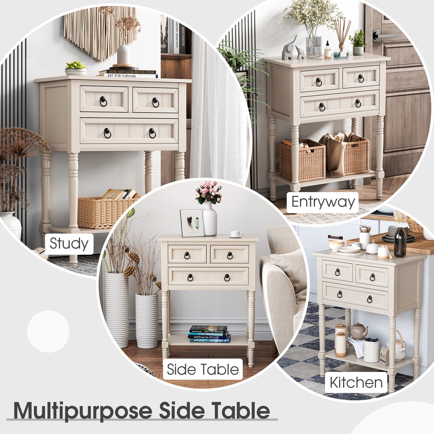 3 Drawer Narrow Console Table with Open Bottom Shelf for Compact Storage - Beige