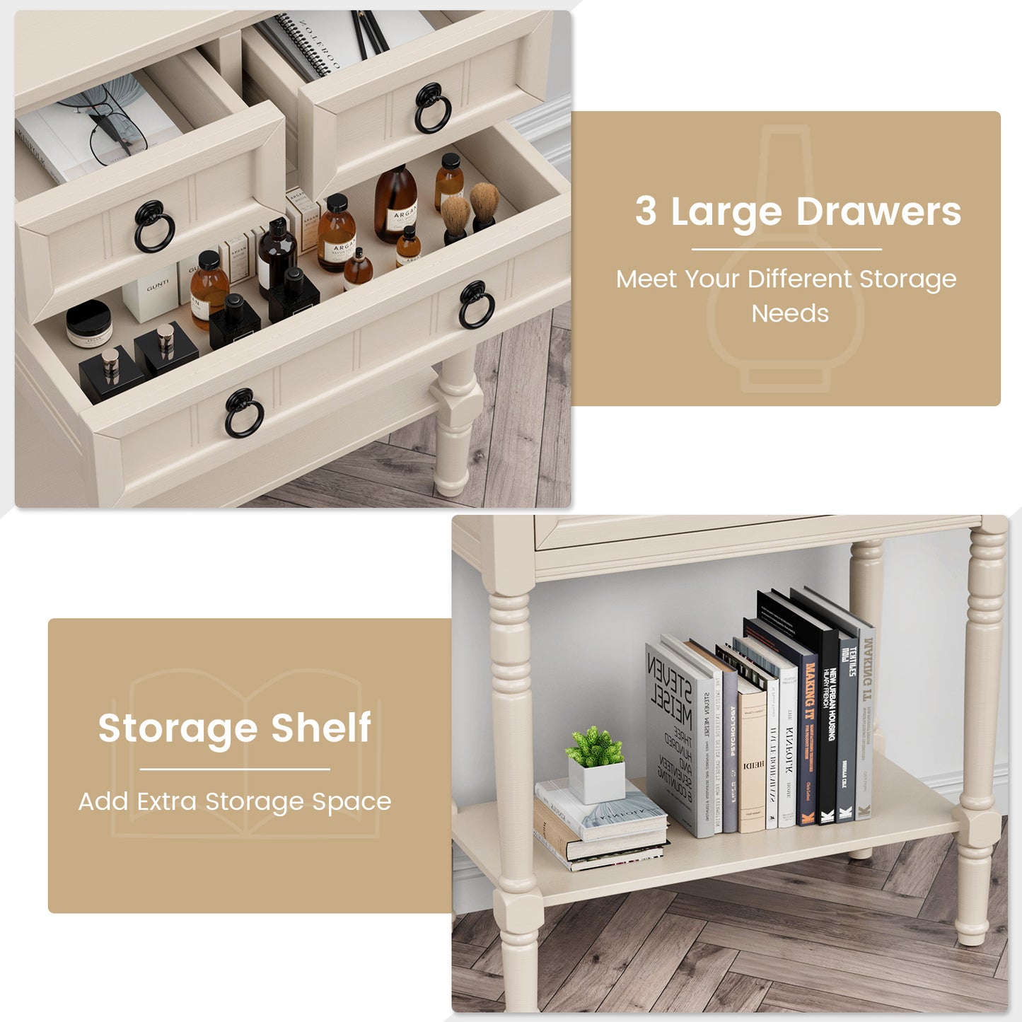 3 Drawer Narrow Console Table with Open Bottom Shelf for Compact Storage - Beige