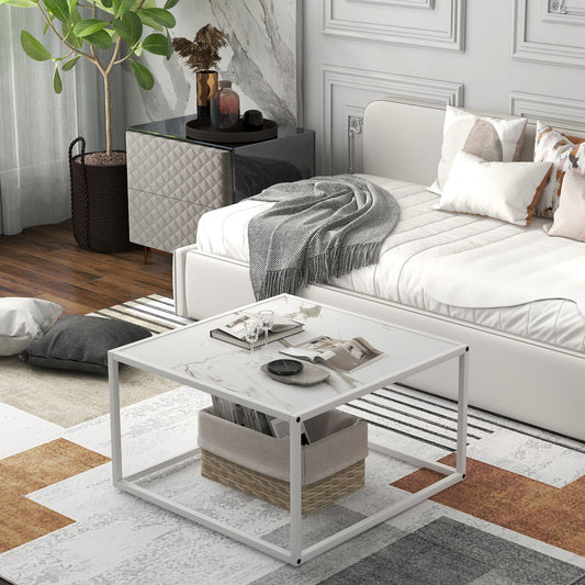 Chic Faux Marble Square Coffee Table with Steel Frame in White Finish