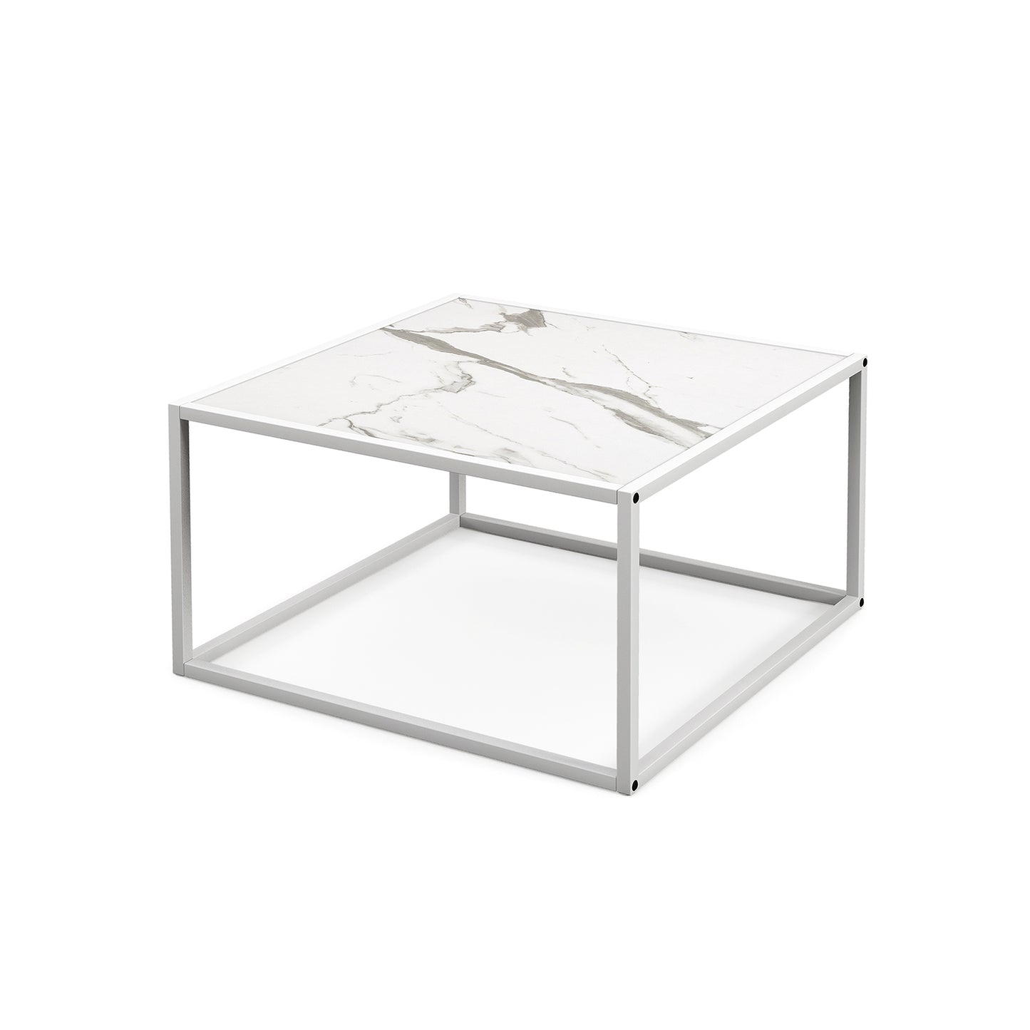 Chic Faux Marble Square Coffee Table with Steel Frame in White Finish