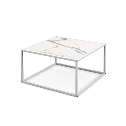 Chic Faux Marble Square Coffee Table with Steel Frame in White Finish