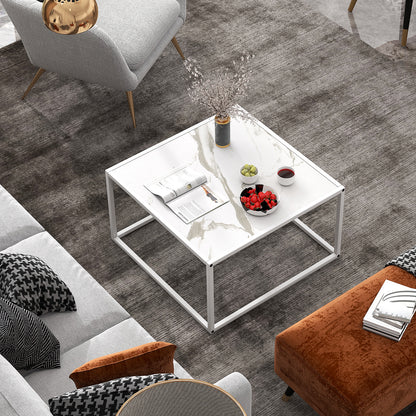 Chic Faux Marble Square Coffee Table with Steel Frame in White Finish