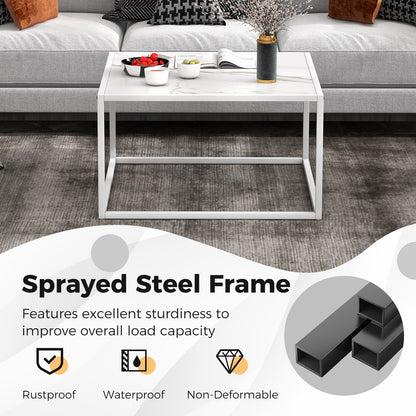 Chic Faux Marble Square Coffee Table with Steel Frame in White Finish