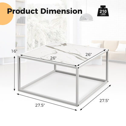 Chic Faux Marble Square Coffee Table with Steel Frame in White Finish