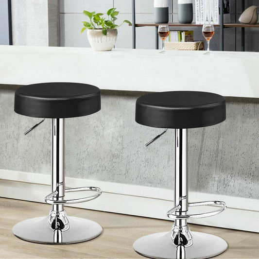 Adjustable Swivel Round Bar Stool with PU Leather Seat and Chrome Base, Set of 2 - Black