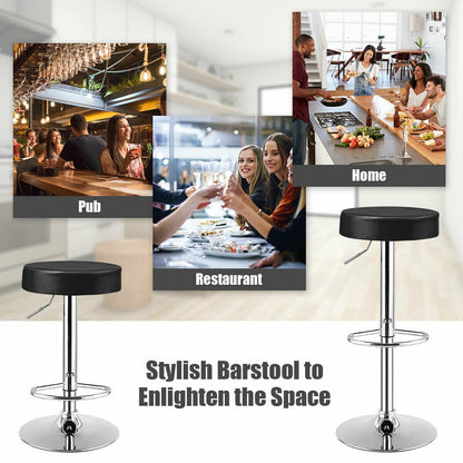 Adjustable Swivel Round Bar Stool with PU Leather Seat and Chrome Base, Set of 2 - Black