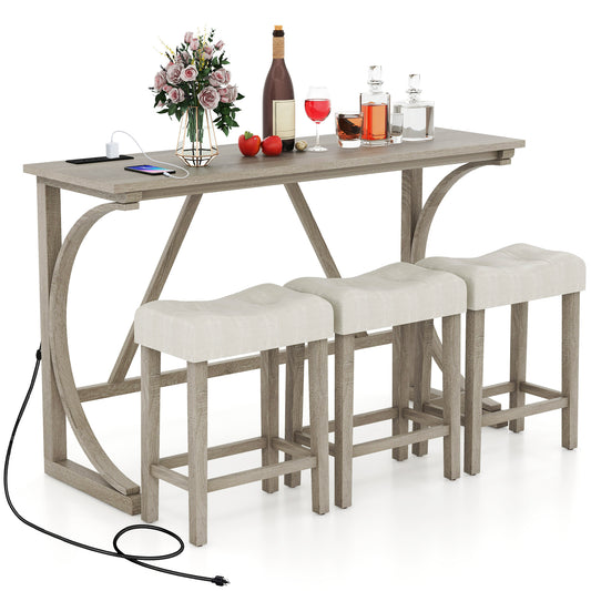 4 Piece Counter Height Bar Table Set with Built-in Power Outlet and Tufted Upholstered Saddle Stools
