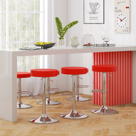 Adjustable Swivel Round Bar Stool with PU Leather Seat and Chrome Base, Set of 2 - Red