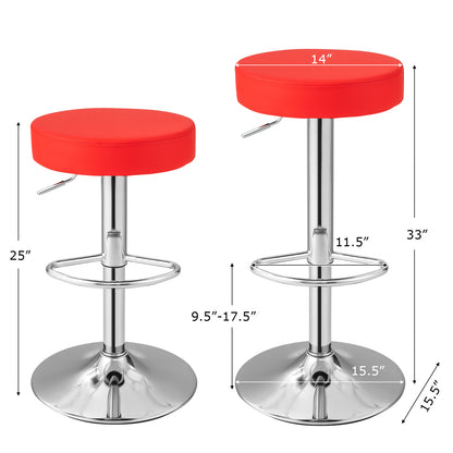 Adjustable Swivel Round Bar Stool with PU Leather Seat and Chrome Base, Set of 2 - Red